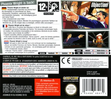 Phoenix Wright - Ace Attorney - Justice for All (Europe) (En,Fr,De) box cover back